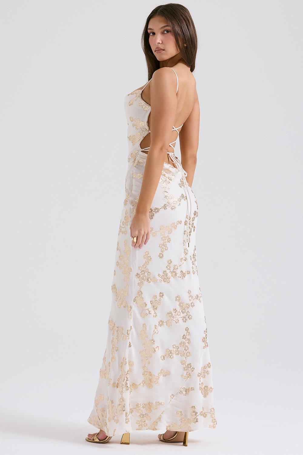 Capriana-White & Gold Jacquard Satin Gown
