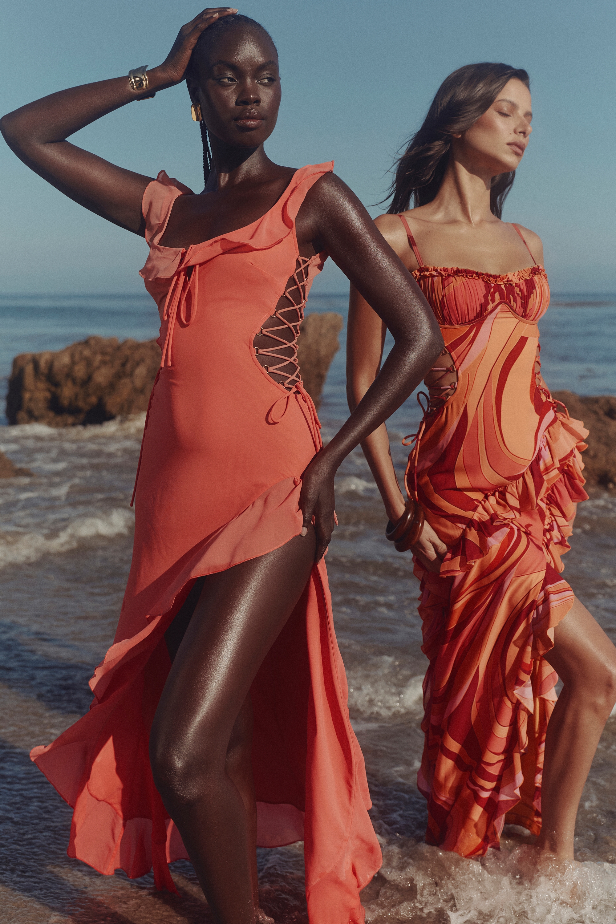 Lumira-Sunset Swirl Print Ruffle Cut Out Maxi Dress