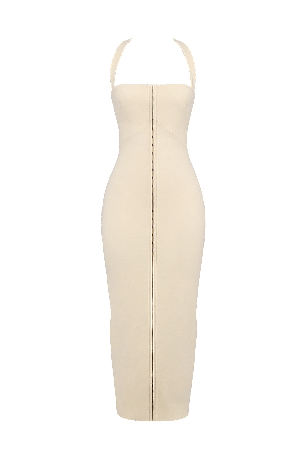 Mia-Ecru Halter Maxi Dress