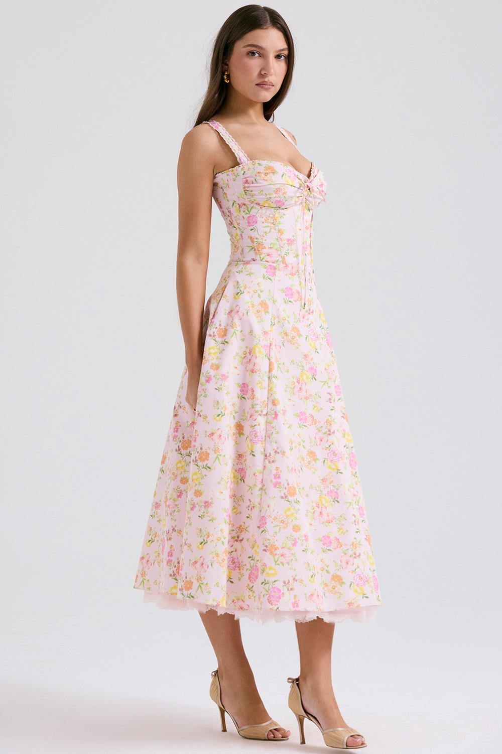 Rosalee-Pink Meadow Print Cotton Bustier Sundress