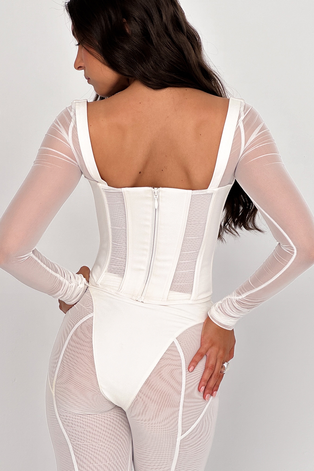 Araminta-White Long Sleeve Mesh Corset