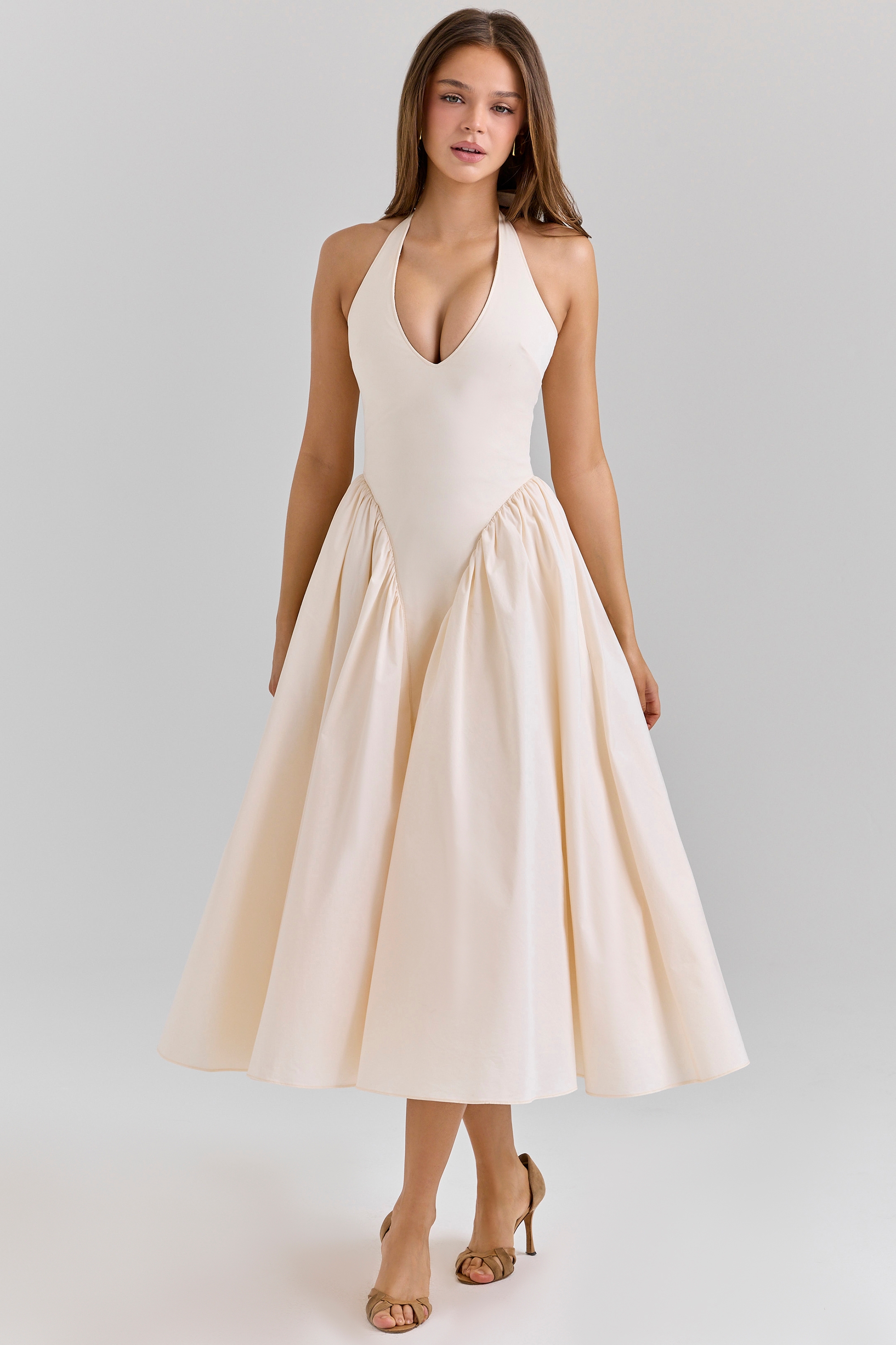 Marilyn-Ecru Stretch Cotton Midi Sundress