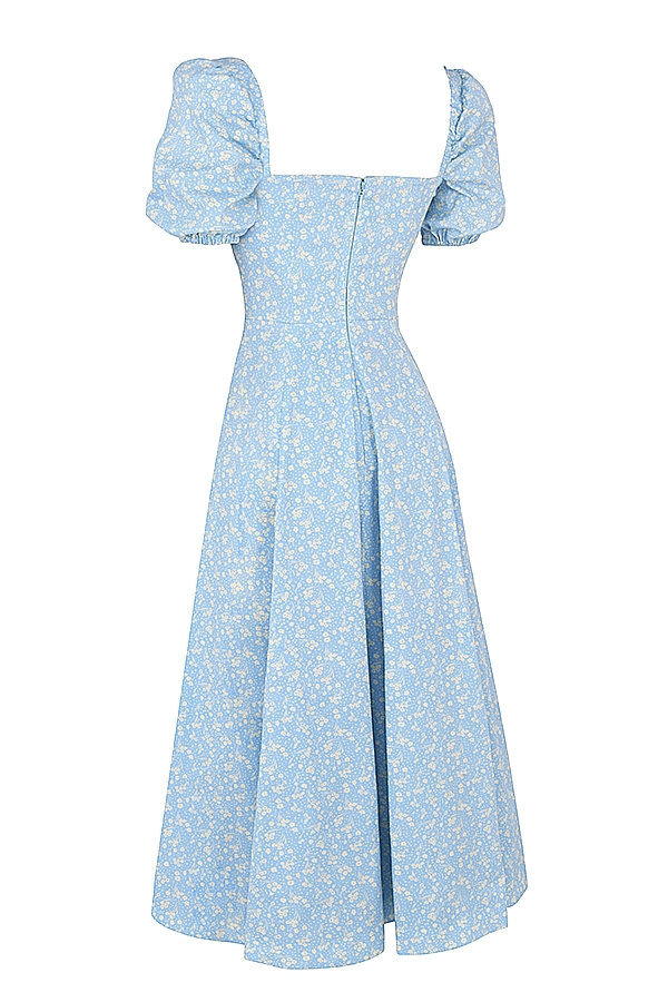 Tallulah-Blue Ivory Floral Puff Sleeve Midi Dress