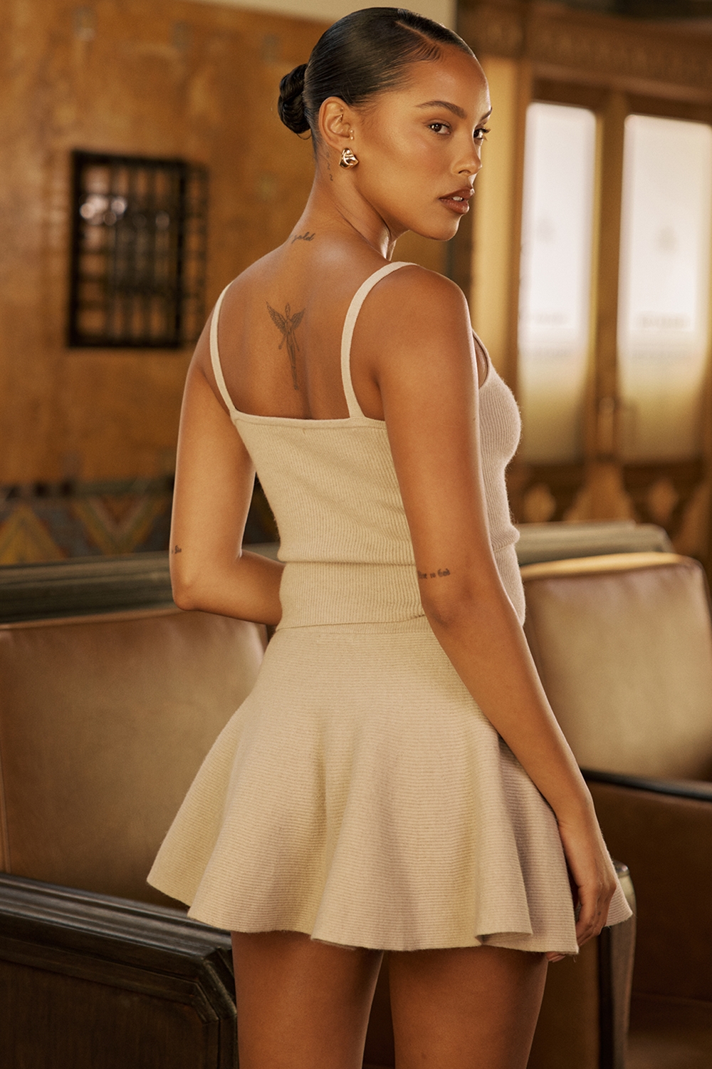 Fern-Biscuit Wool Cashmere Ribbed Flounce Mini Skirt