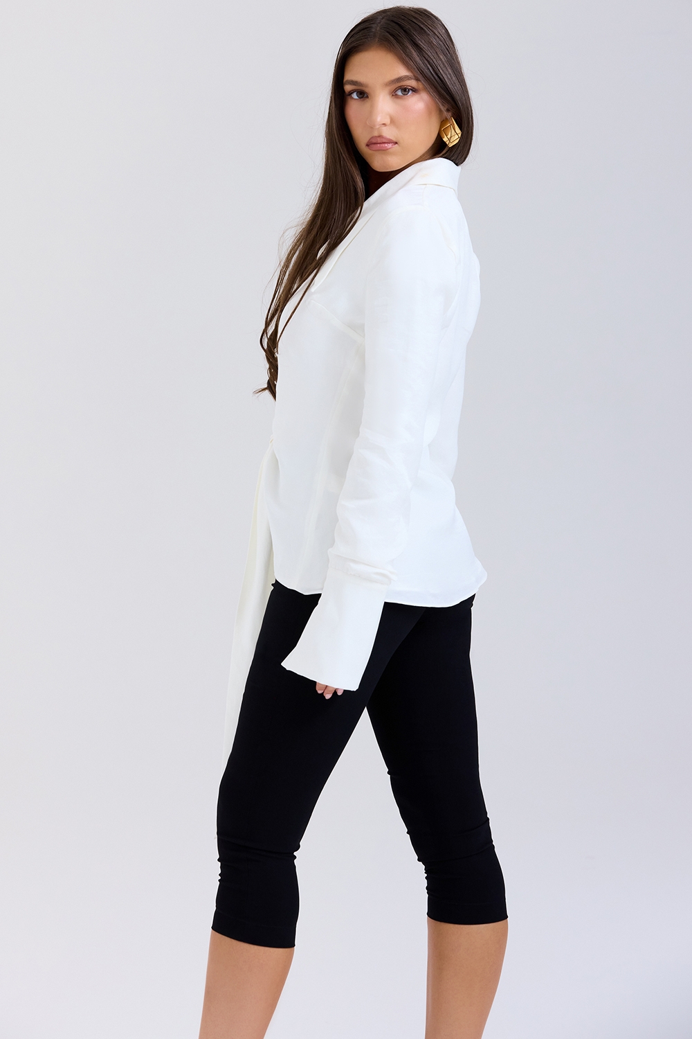 Hope-White Draped Tie Front Shirt
