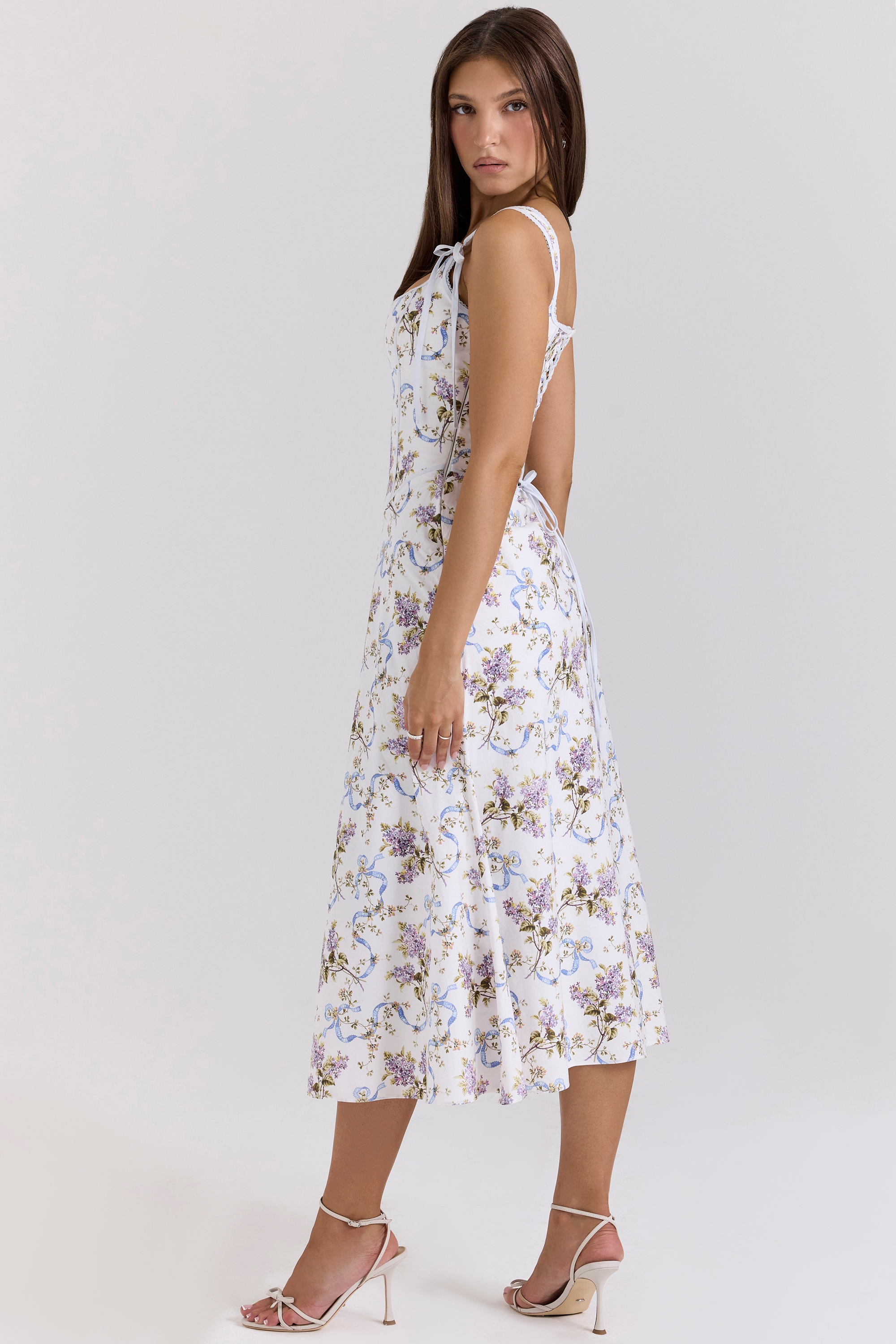 Dionne-Off White Floral Print Cotton Midi Dress