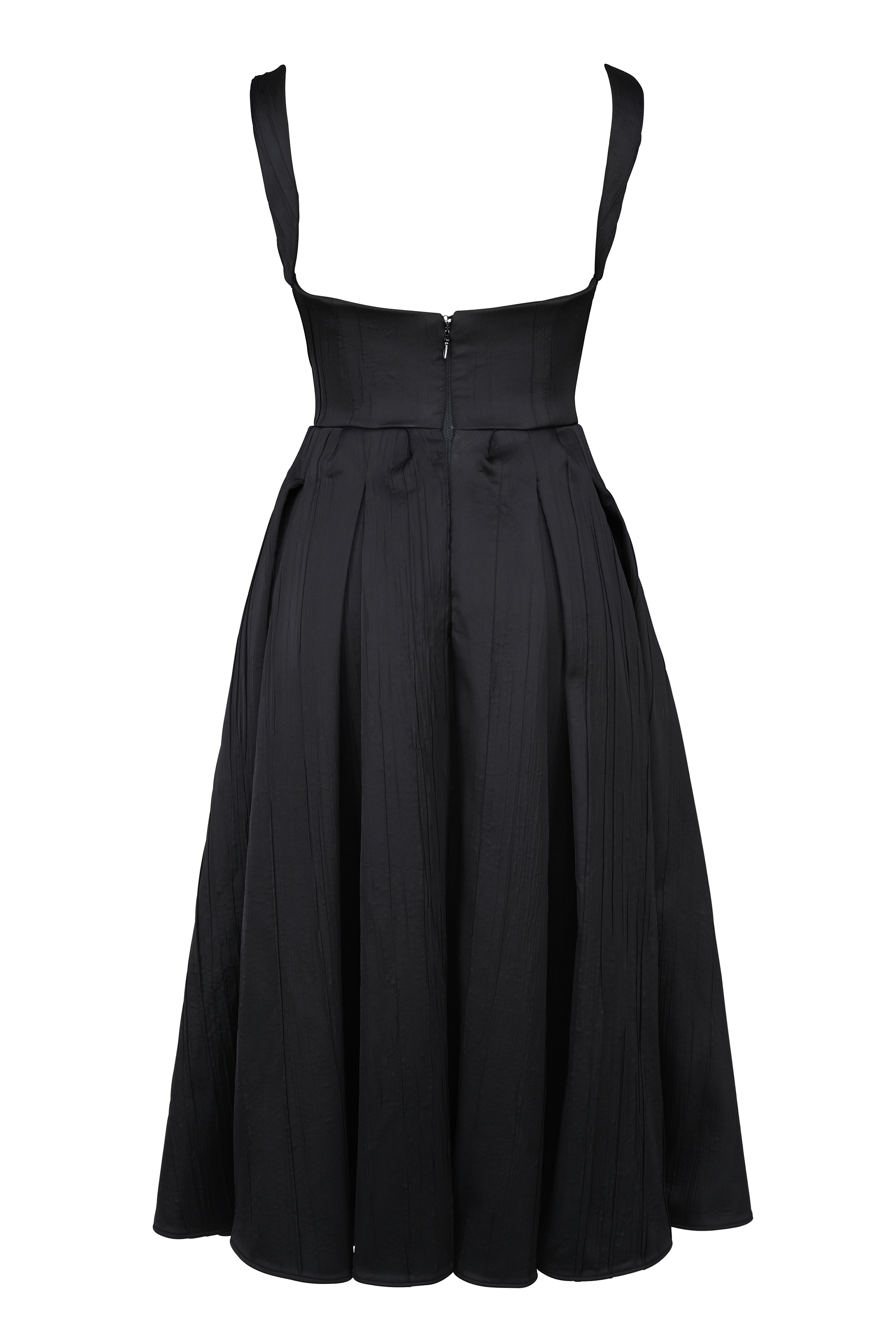 Isabeau-Black Textured Satin Corset Midi Dress