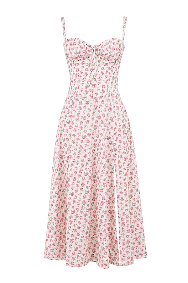 Carmen-White Rosebud Print Cotton Bustier Sundress
