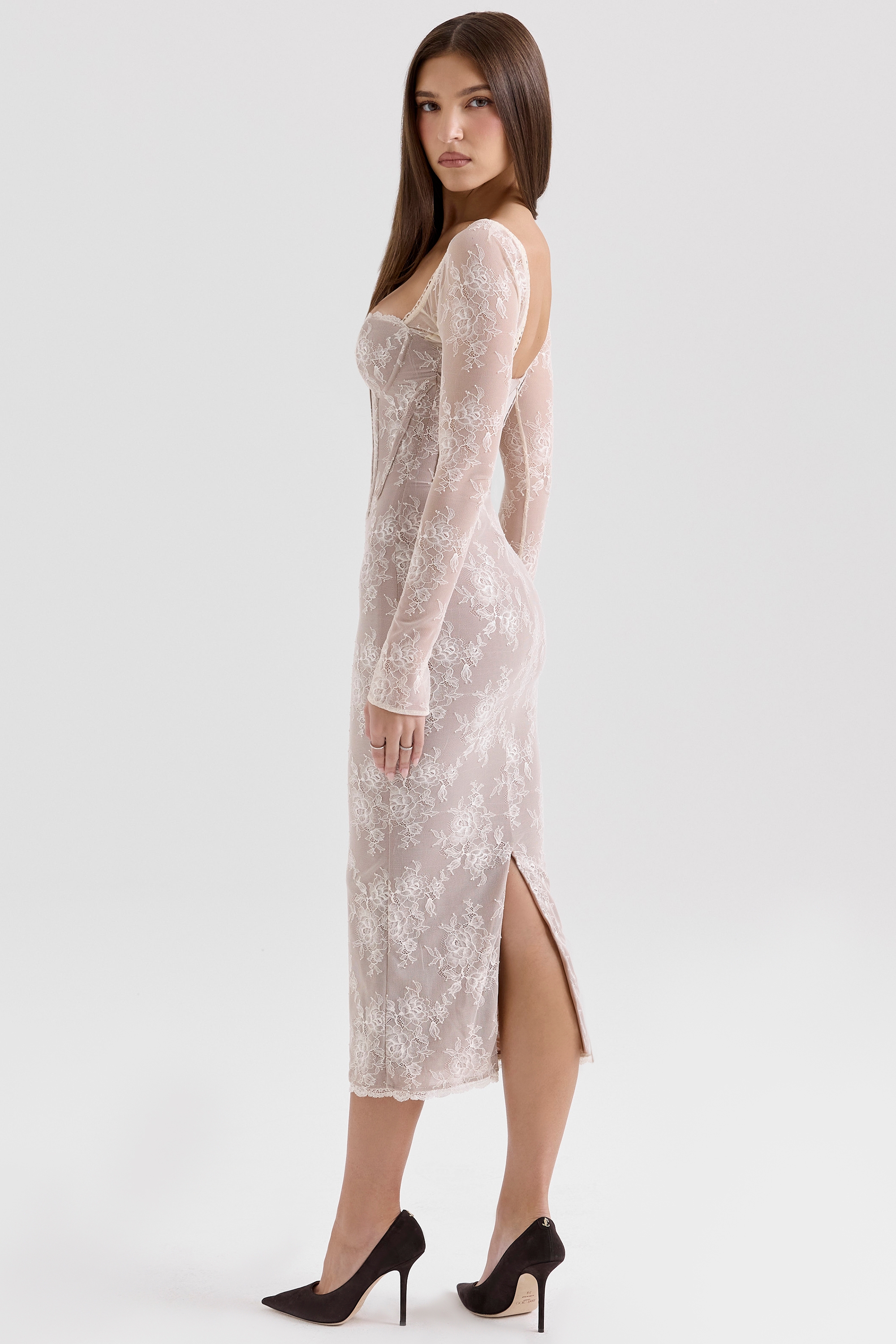 Saisha-Ivory Lace Long Sleeve Midi Dress