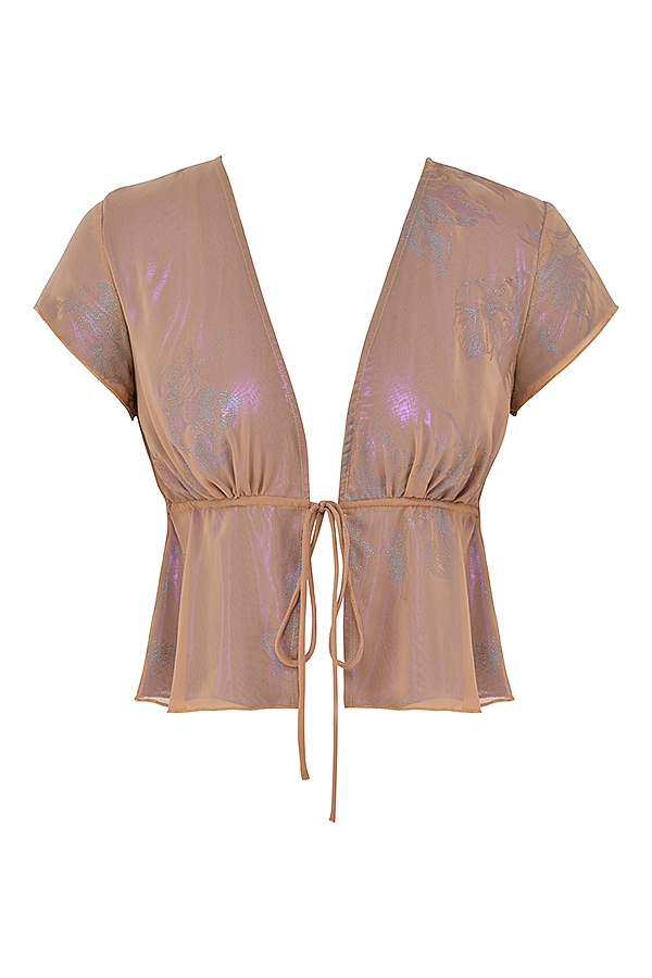 Maia-Shimmer Cafe Au Lait Tie Front Top