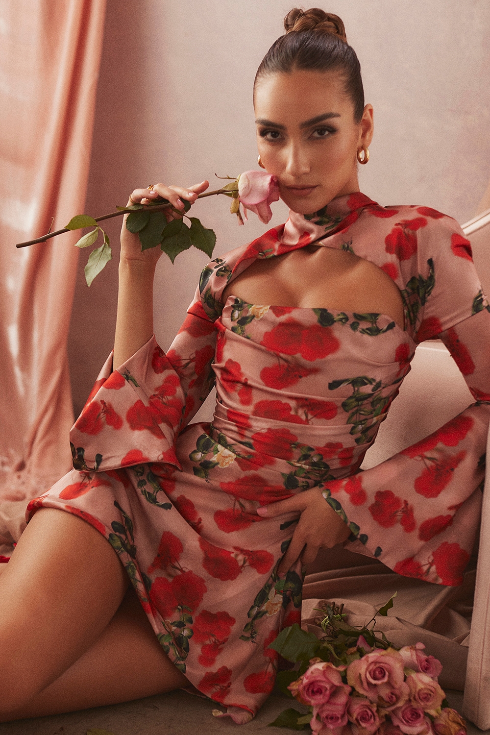 Toira-Rose Print Draped Corset Dress