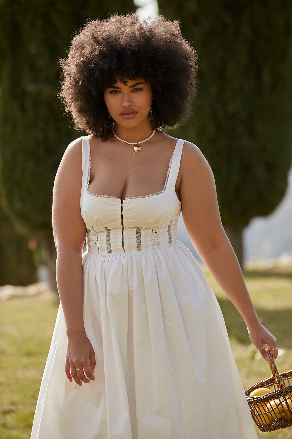 Perle-White Lace Trim Midi Dress