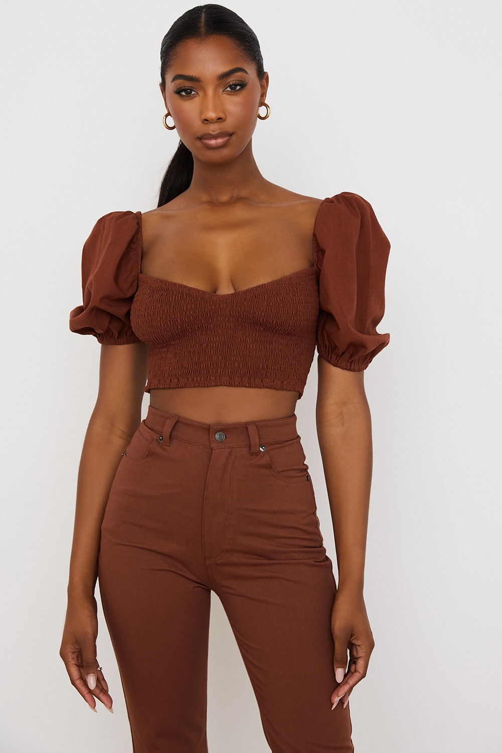 Lavanna-Cocoa Puff Sleeve Cropped Top