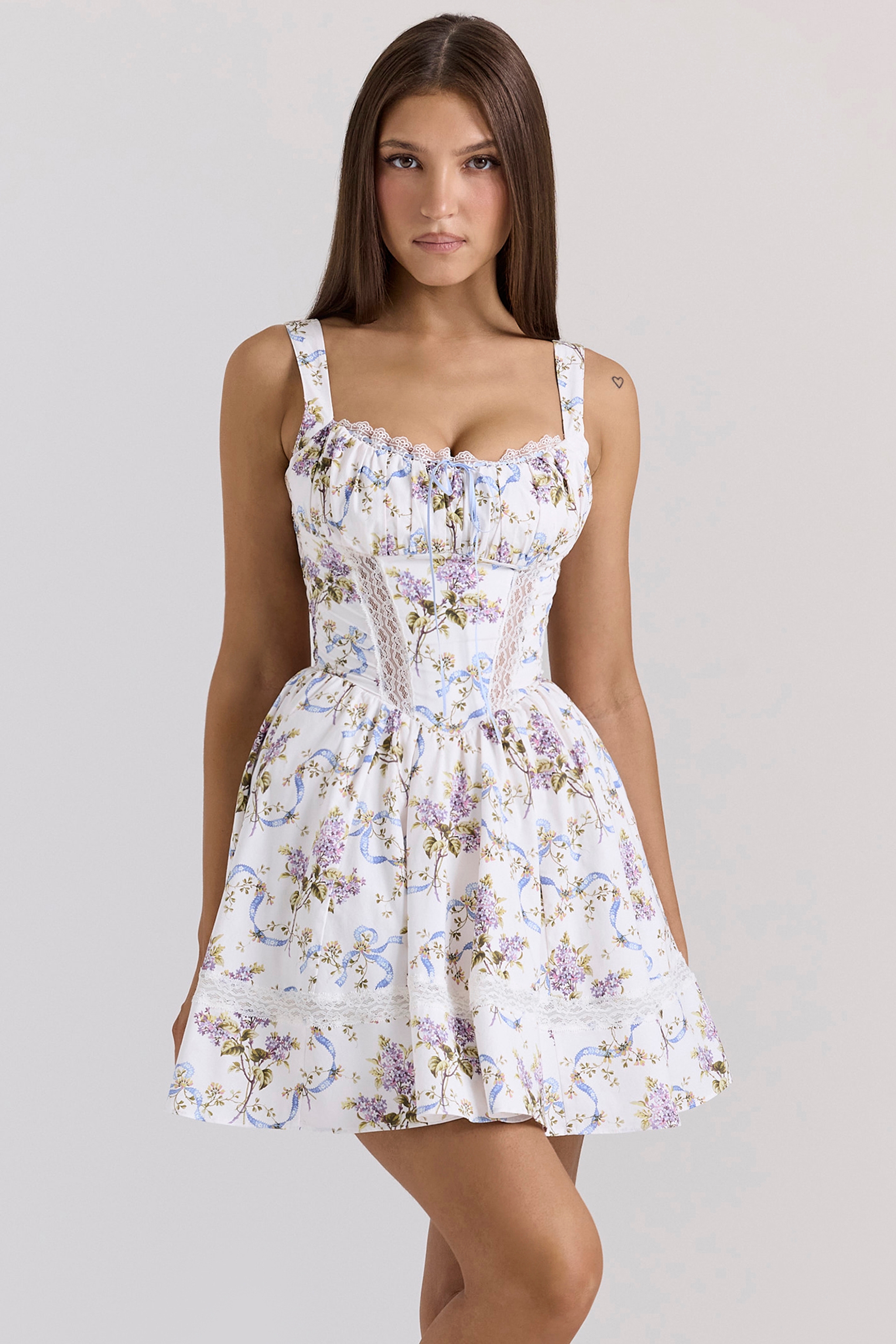 Kimmie-White Floral Ribbon Print Cotton Mini Dress