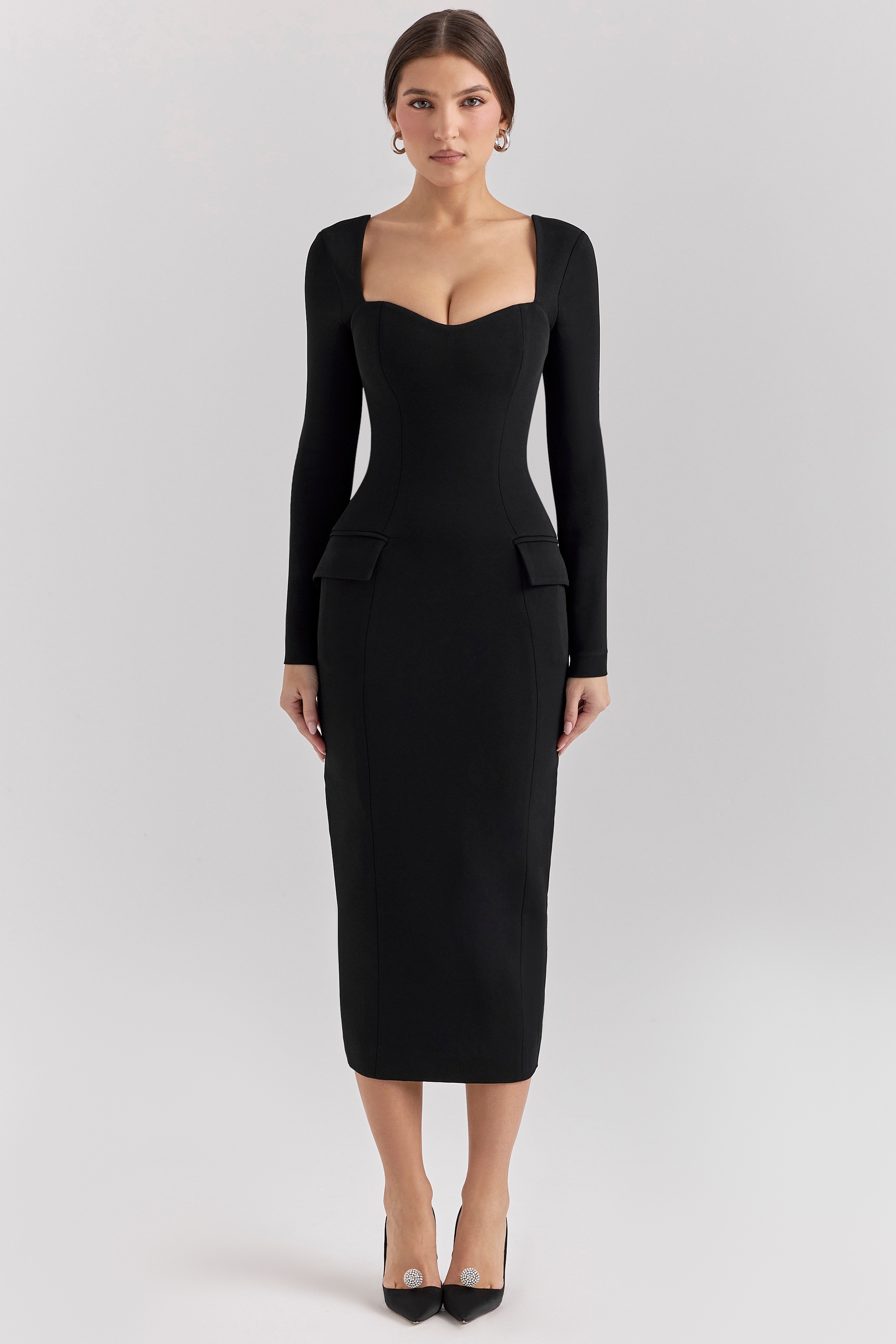 Ella-Black Stretch Crepe Long Sleeve Midi Dress
