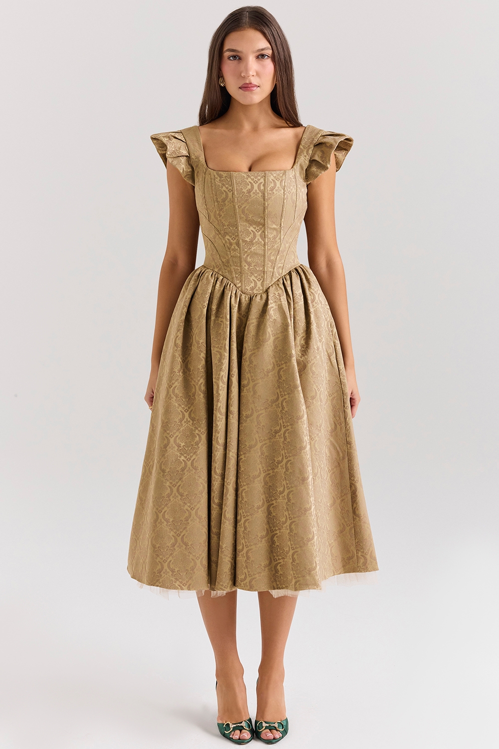 Alessandra-Gold Jacquard Midi Dress with Detachable Bow - SALE