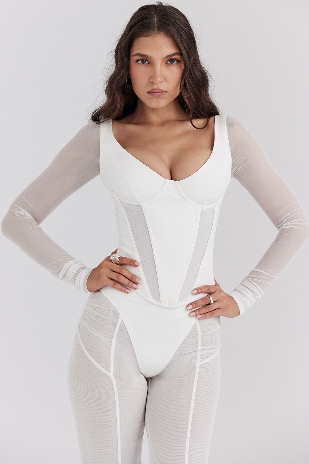 Araminta-White Long Sleeve Mesh Corset