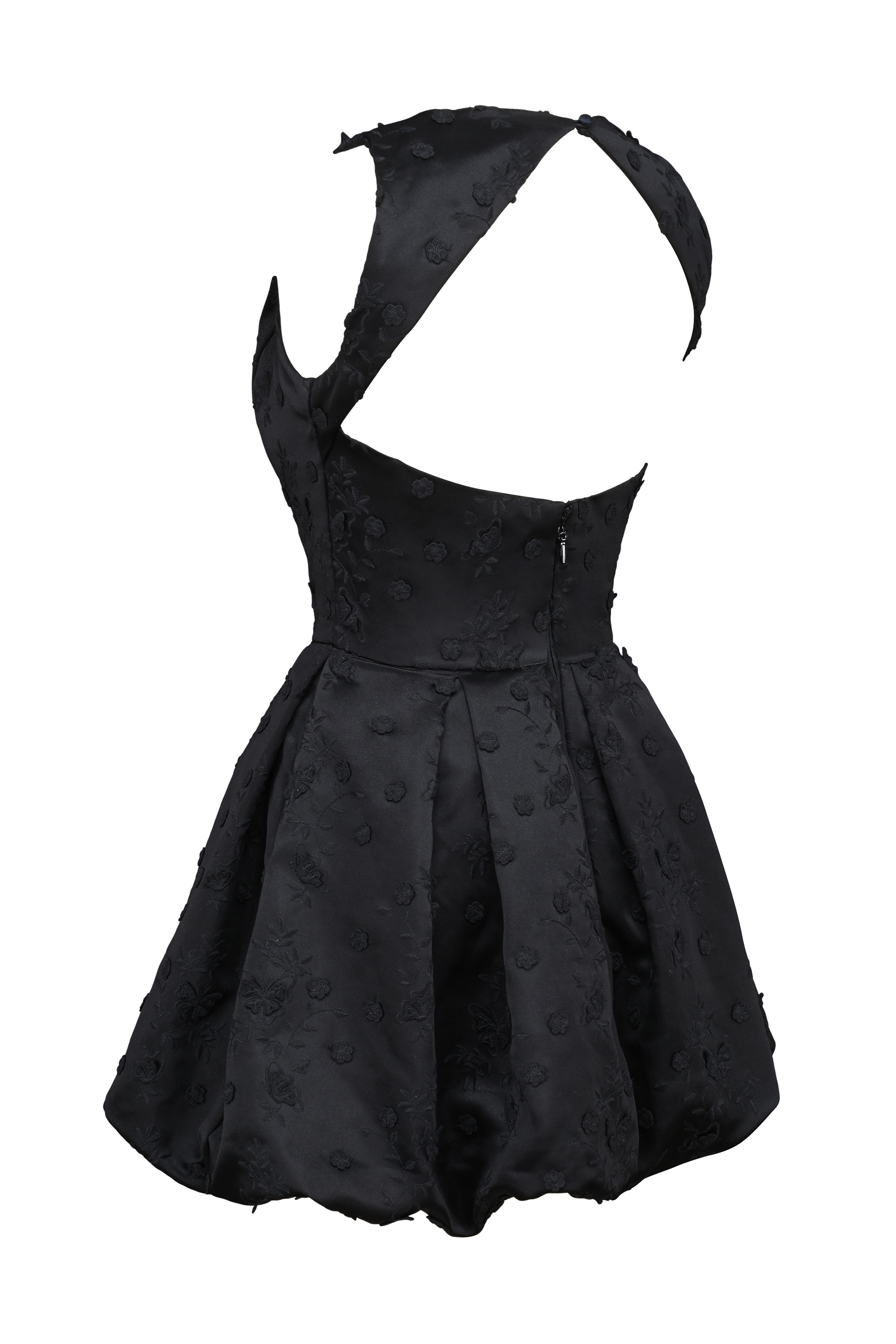 Melika-Black Backless Embroidered Mini Puffball Dress