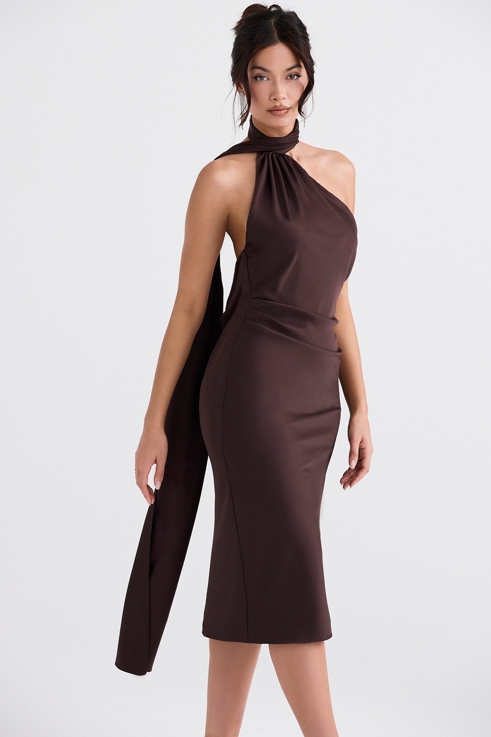 Angelina-Chocolate Wrap Neck Midi Dress