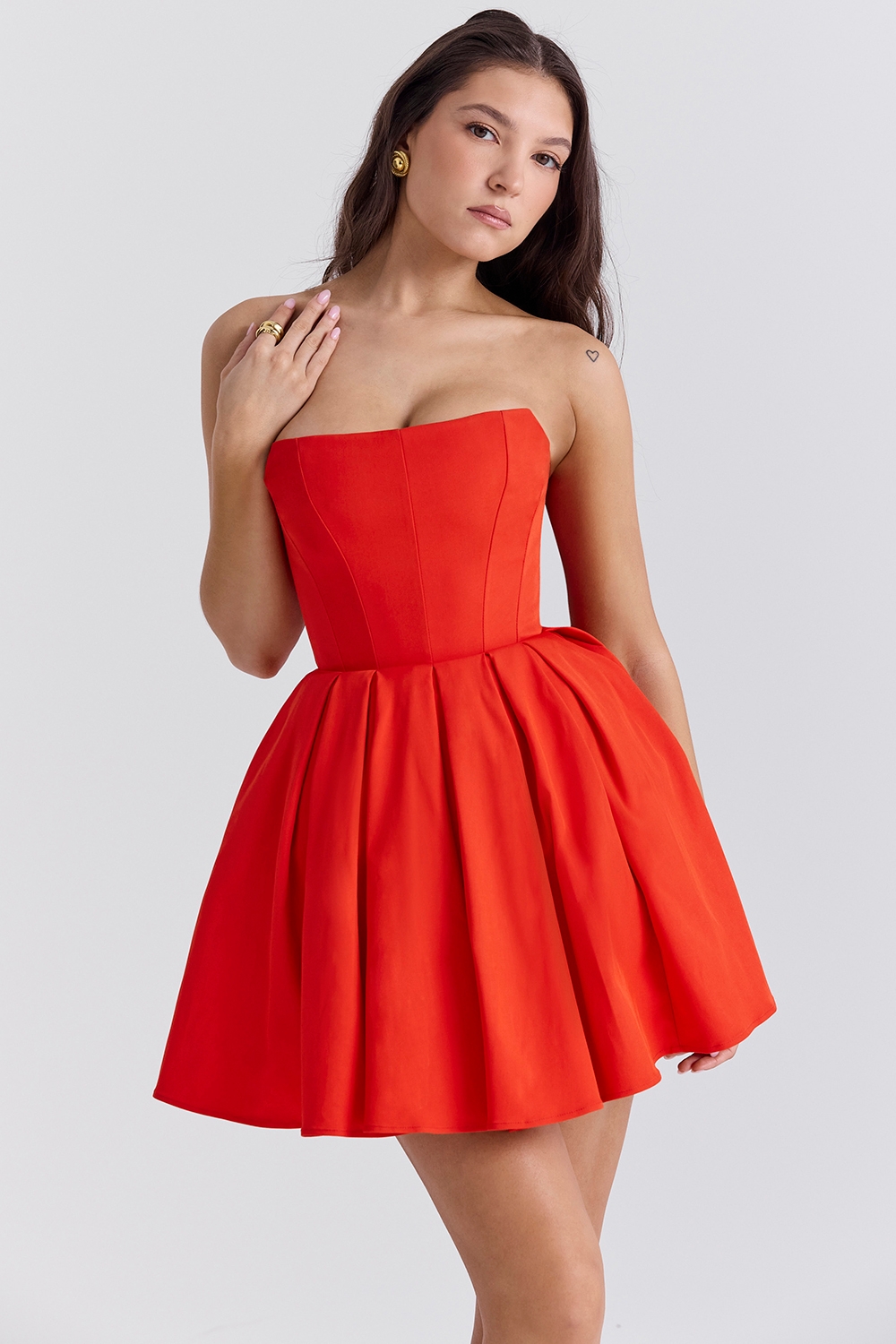 Emmanuela-Italian Tomato Strapless Pleated Mini Dress