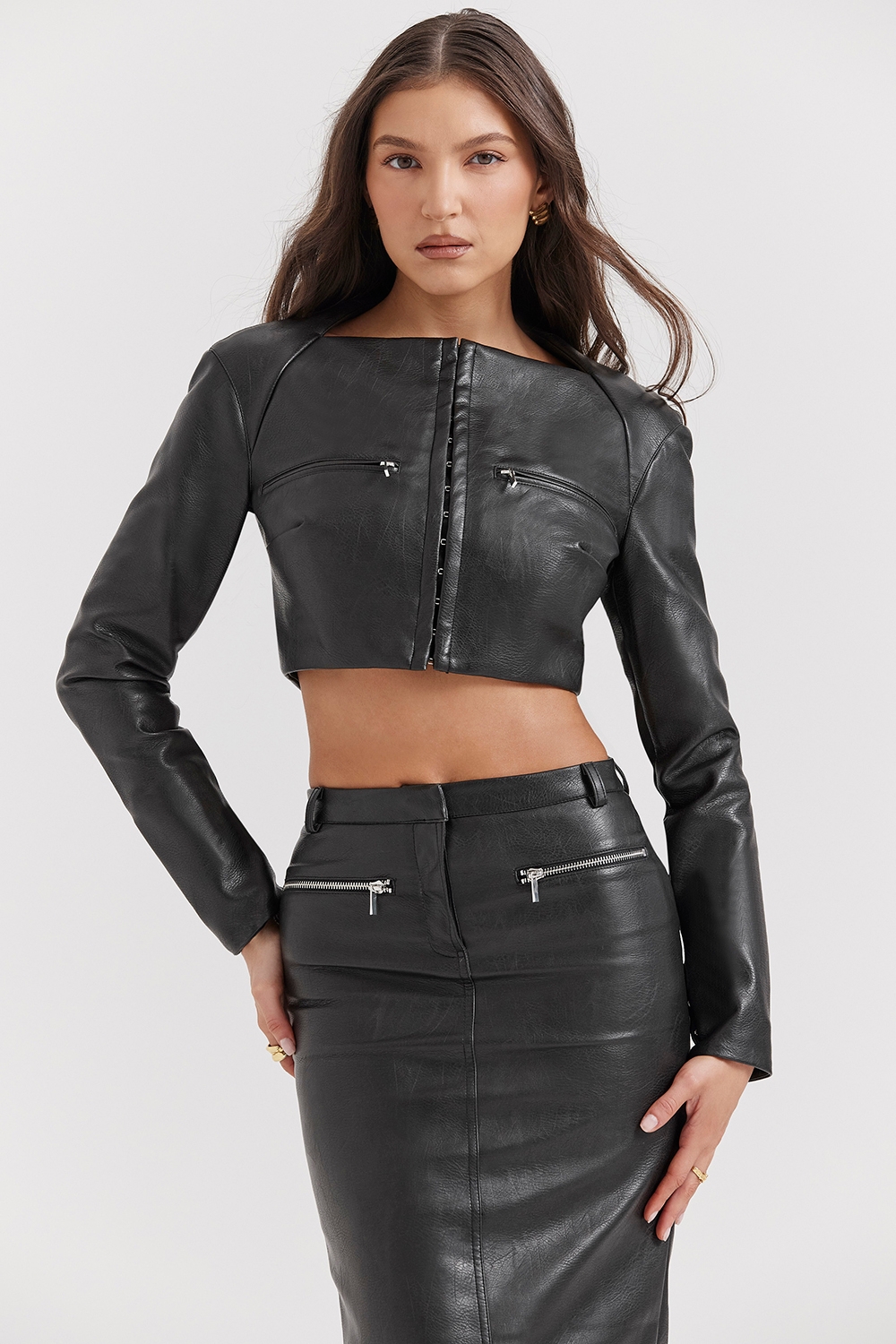 Ione-Black Vegan Leather Cropped Top