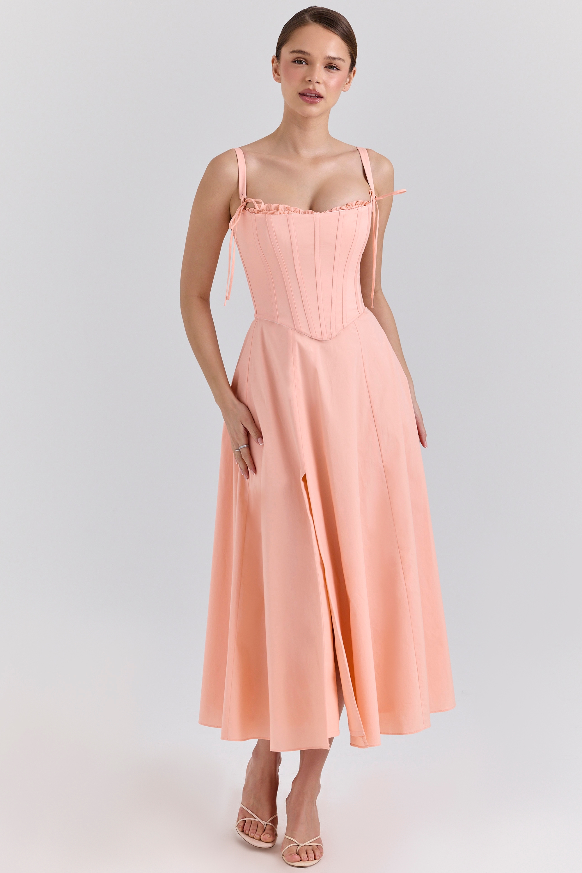 Clarabelle-Peach Cotton Detachable Corset Midi SunDress
