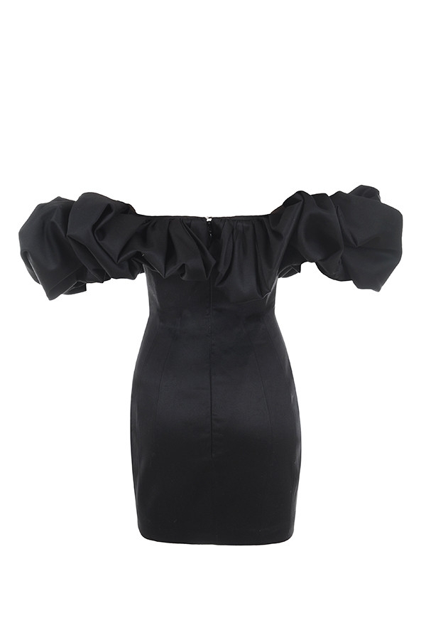Selena-Black Satin Puff Shoulder Dress
