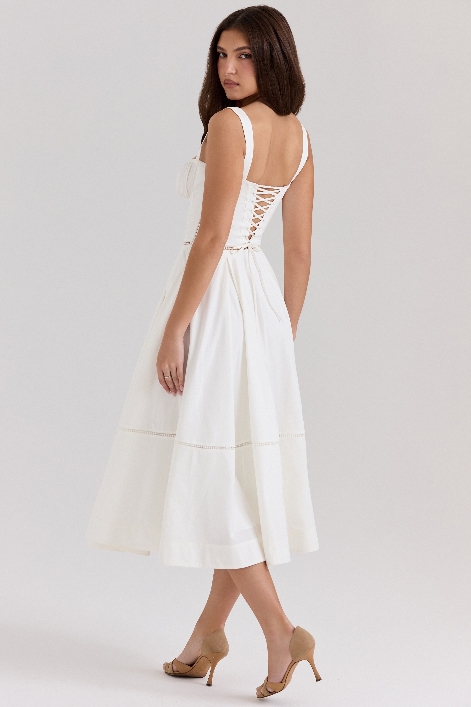 Chiarina-White Cotton Button Front Midi Dress