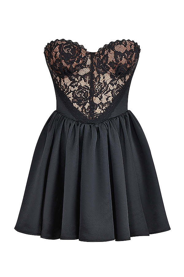 Jadore-Black Lace and Satin Strapless Mini Dress