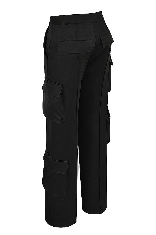 Daria-Black Satin Straight Leg Cargo Trousers