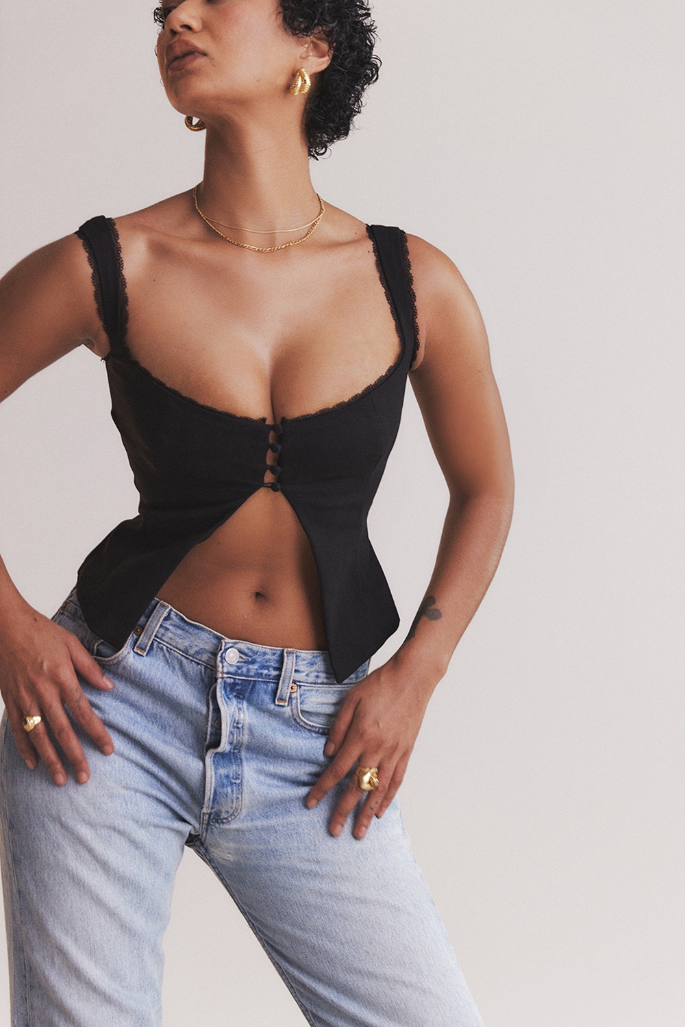 Noura-Black Lace Trim Top