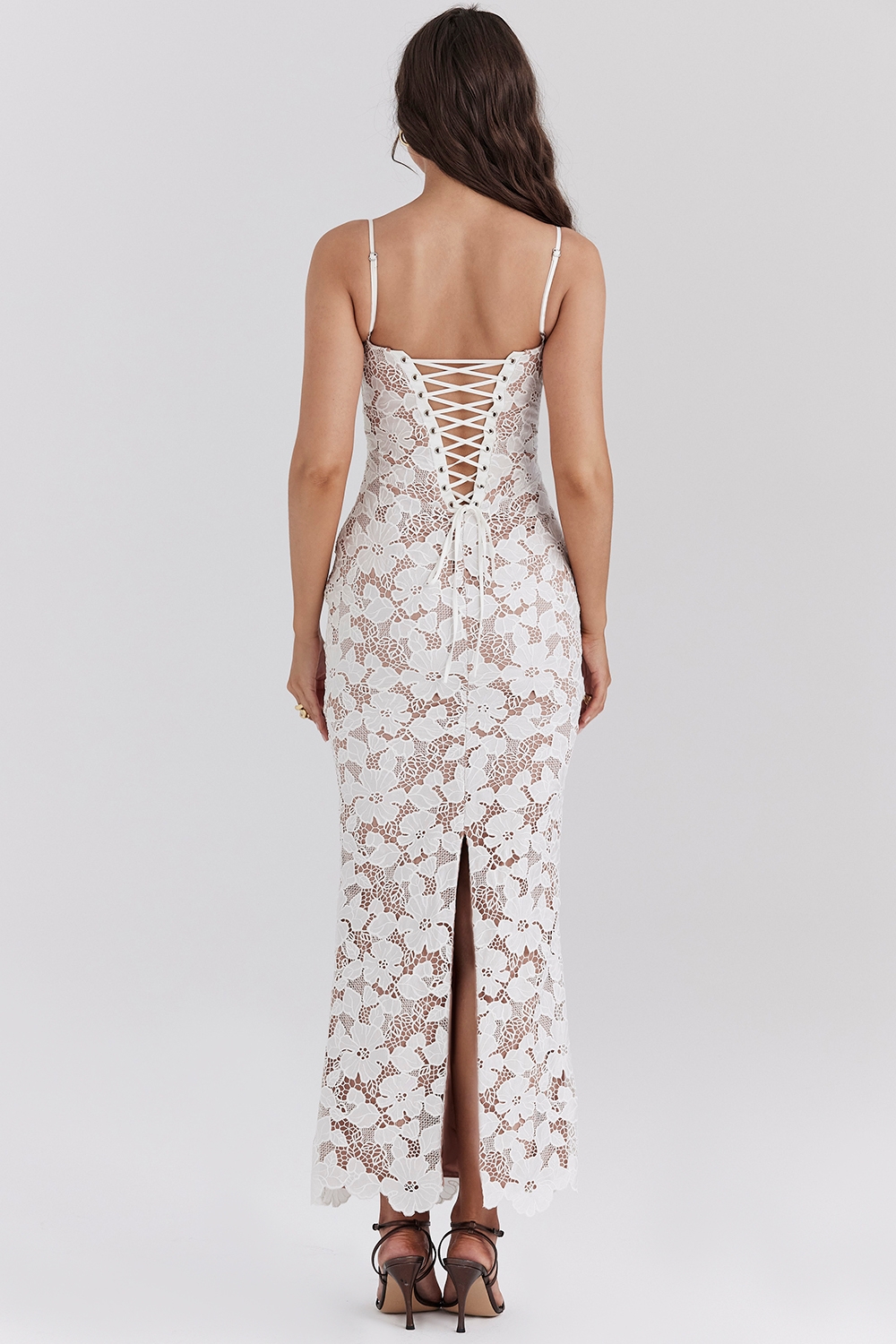 Pearl-White Floral Embroidered Maxi Dress