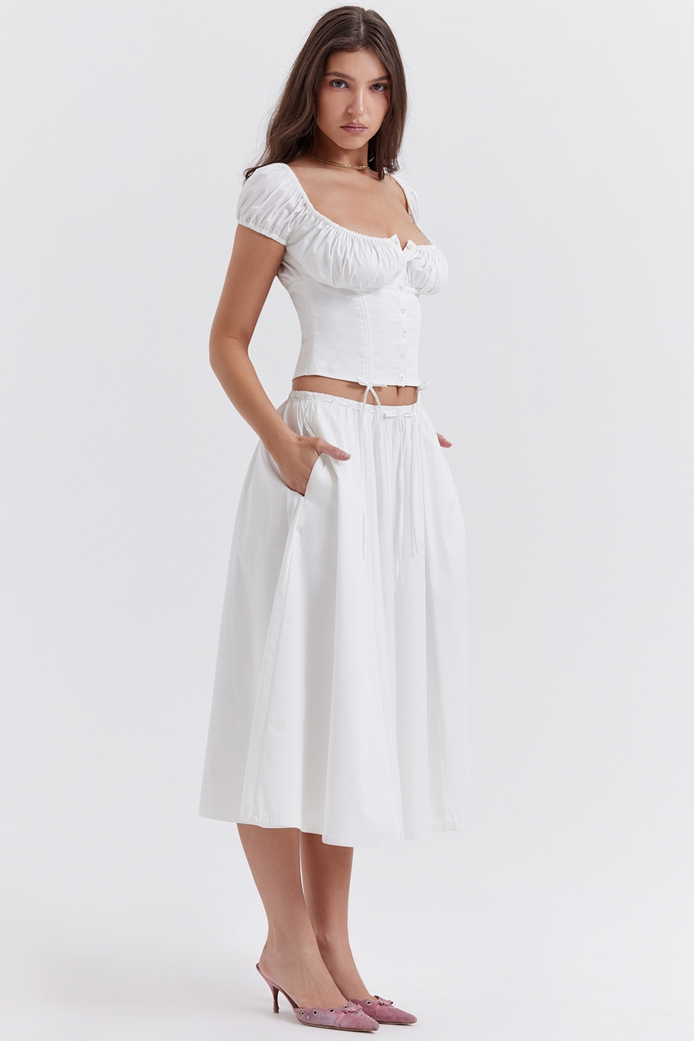 Cora-White Gathered Midi Skirt