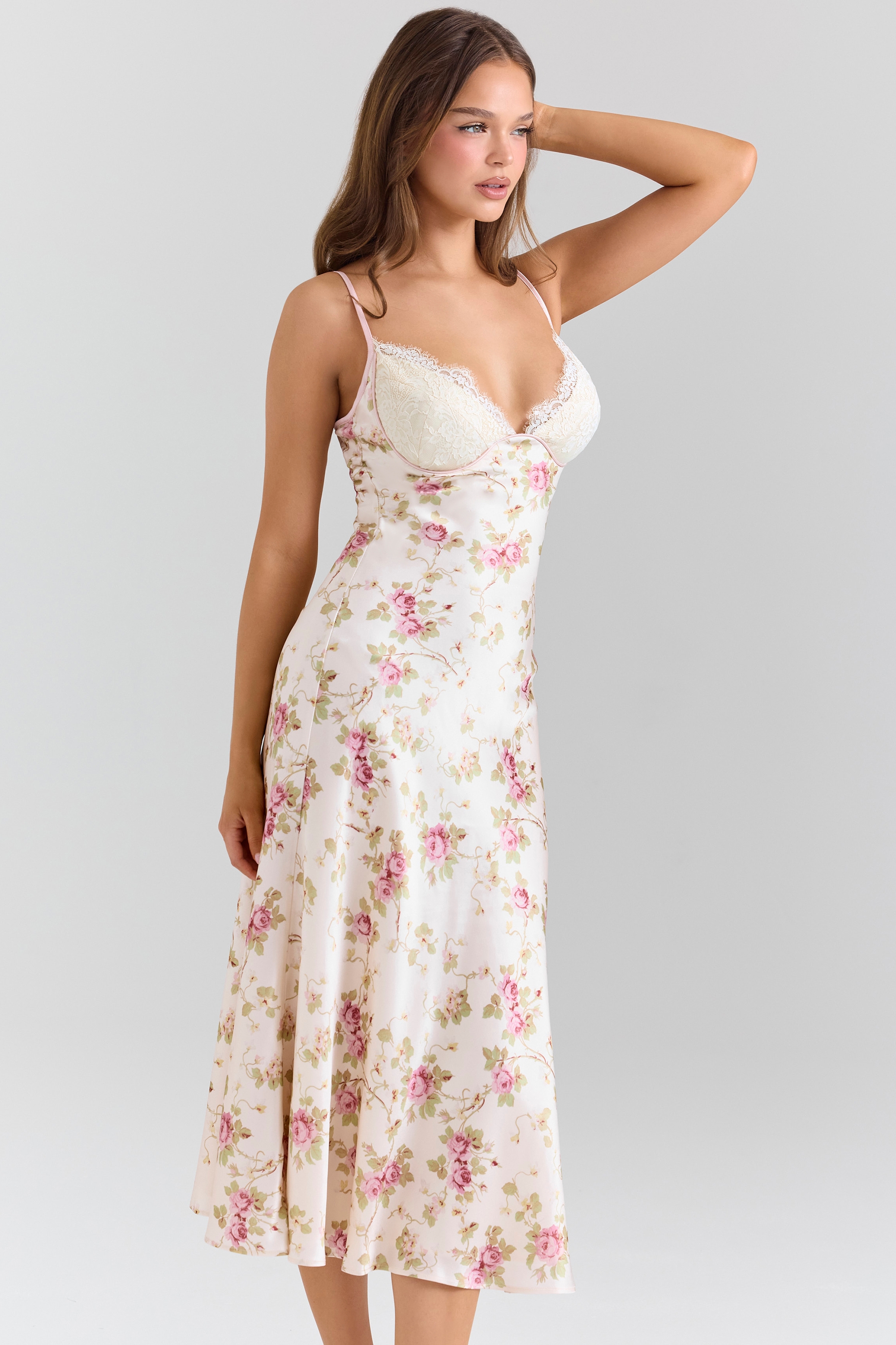 Felicity-Ivory Floral Print Satin Bias Cut Midi Dress
