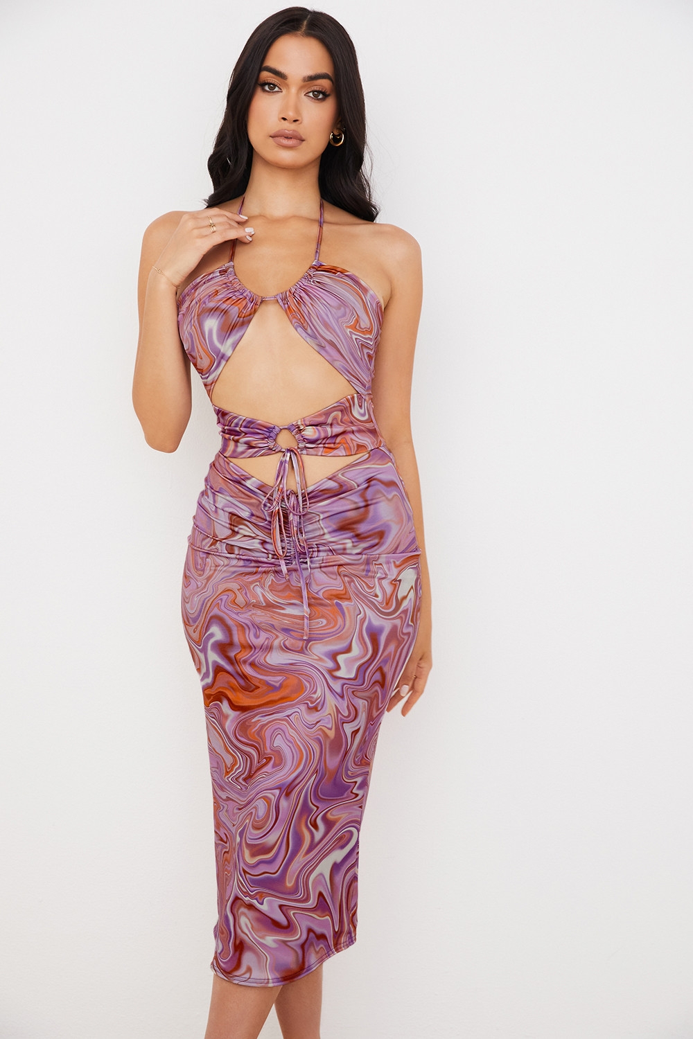 Kasia-Purple Swirl Cutout Midi Dress