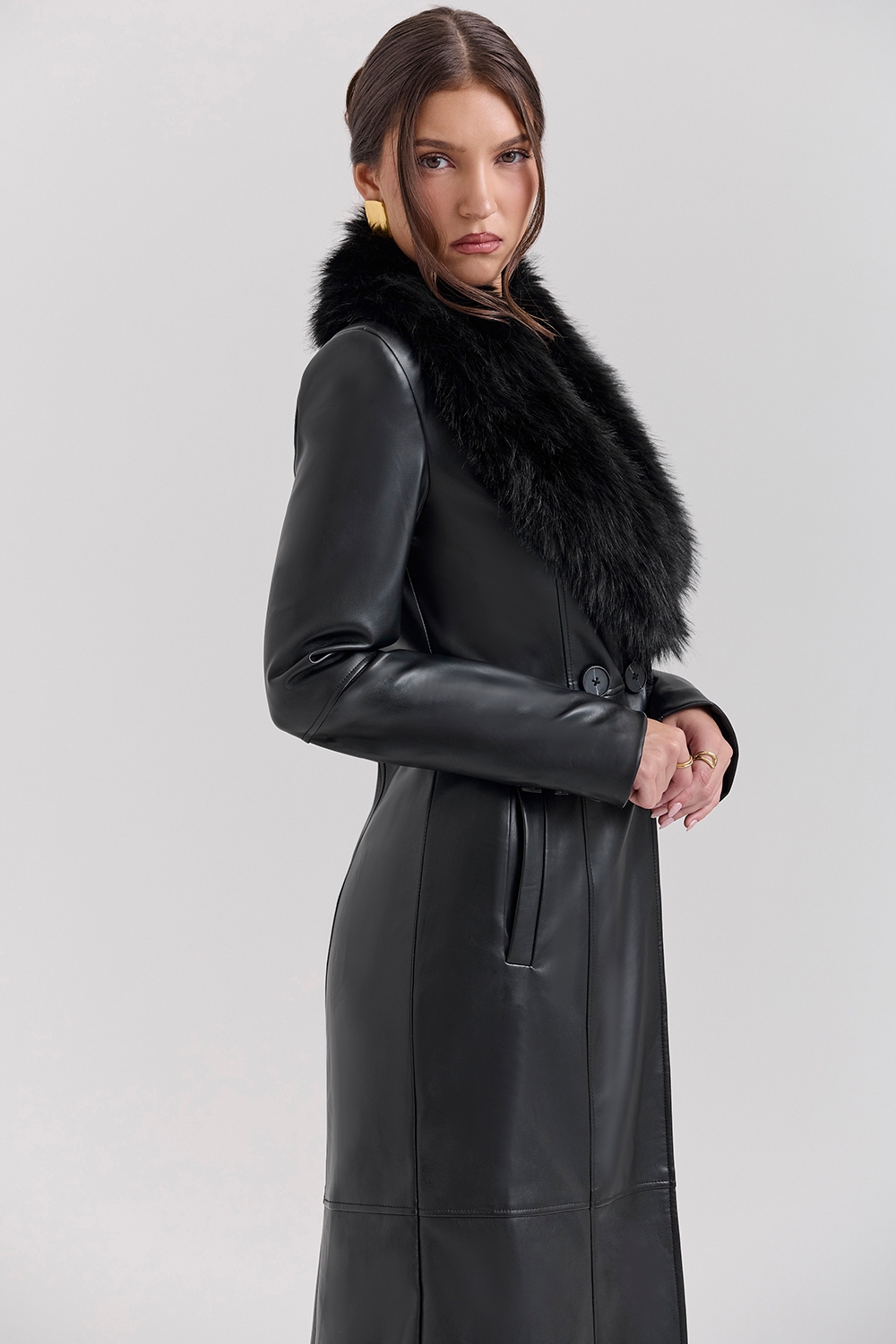 Marcel-Black Faux Fur Trimmed Vegan Leather Coat