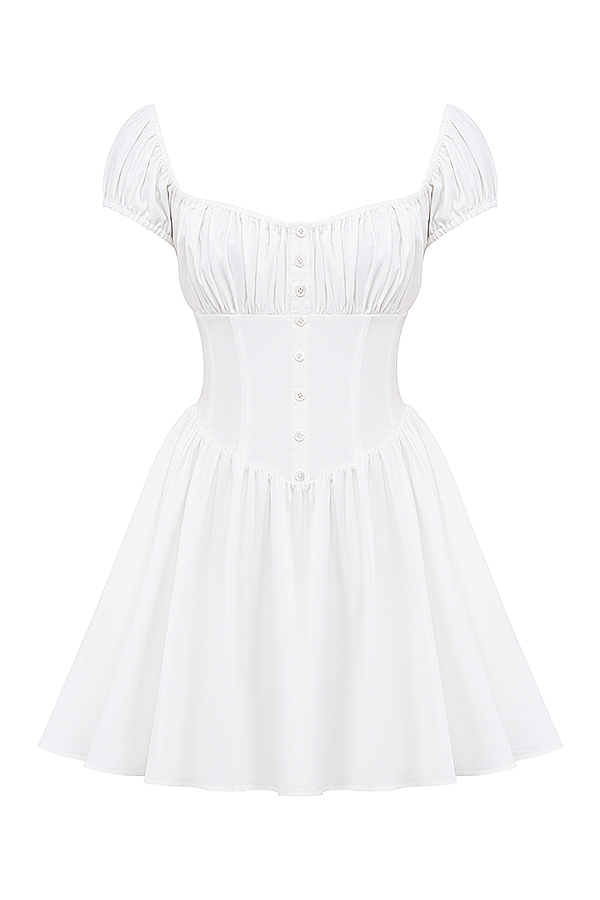 Nala-White Cotton Gathered Mini Dress