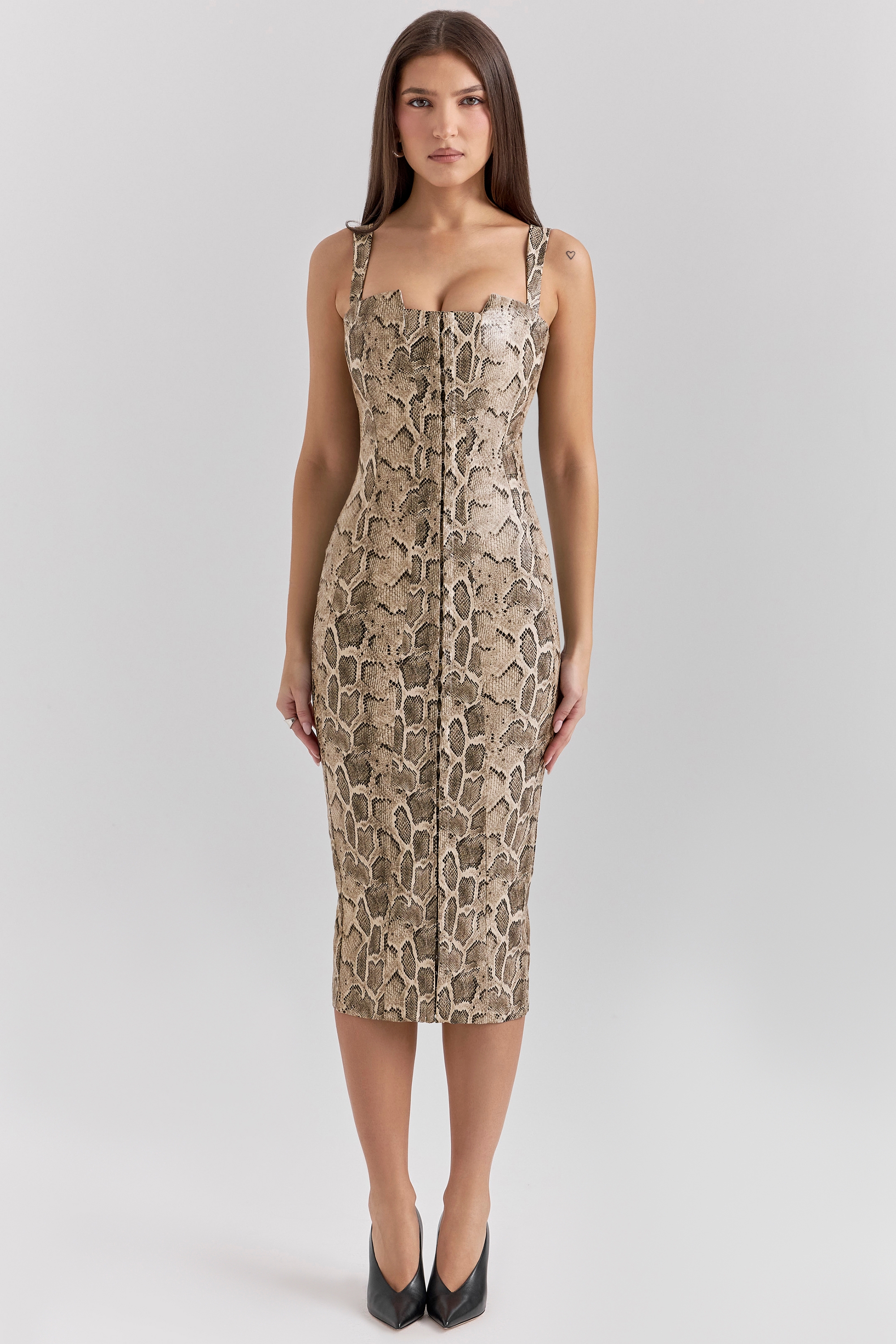 Gracie-Snakeskin Print Vegan Leather Midi Dress