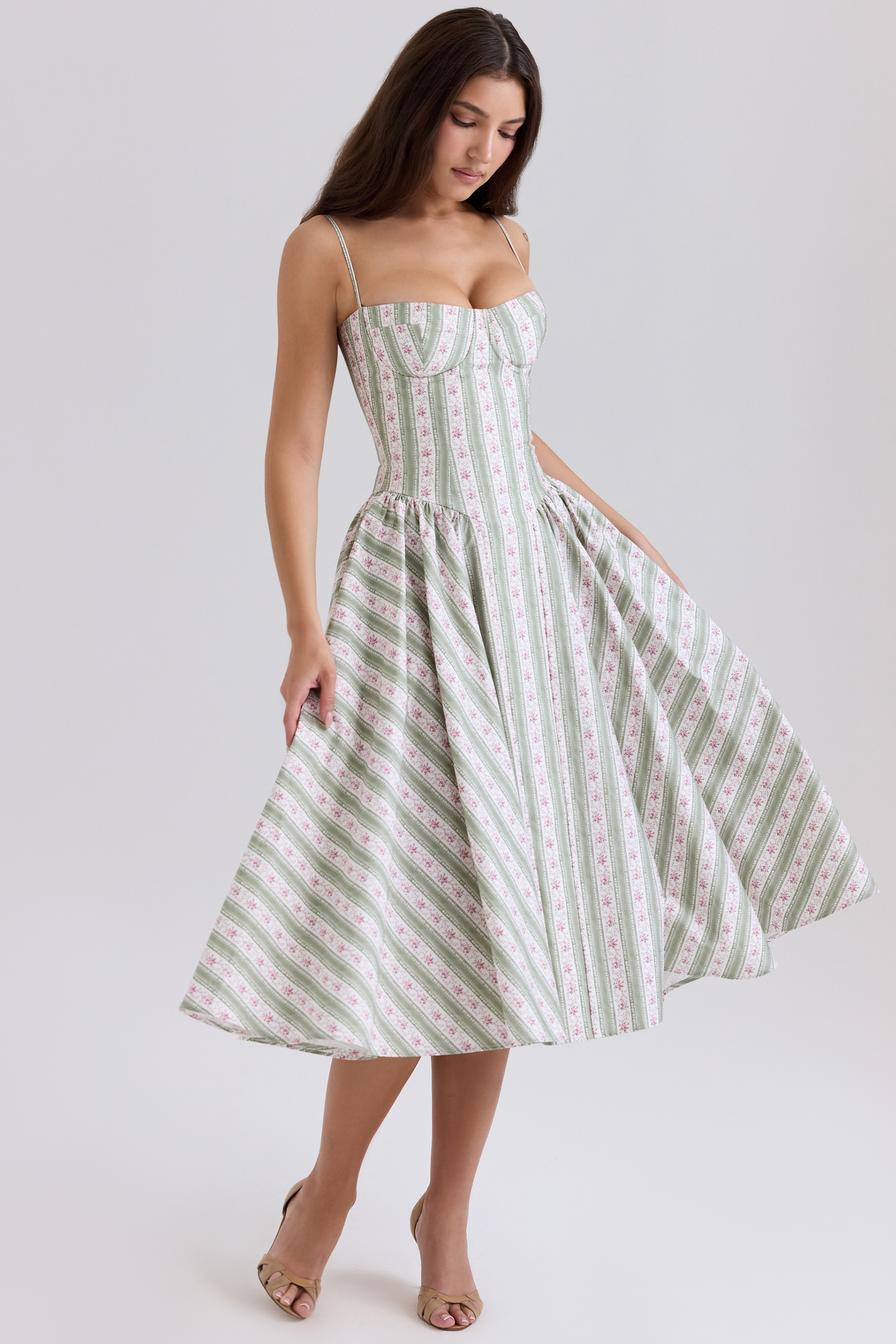Samaria-Sage Striped Floral Print Cotton Midi Dress