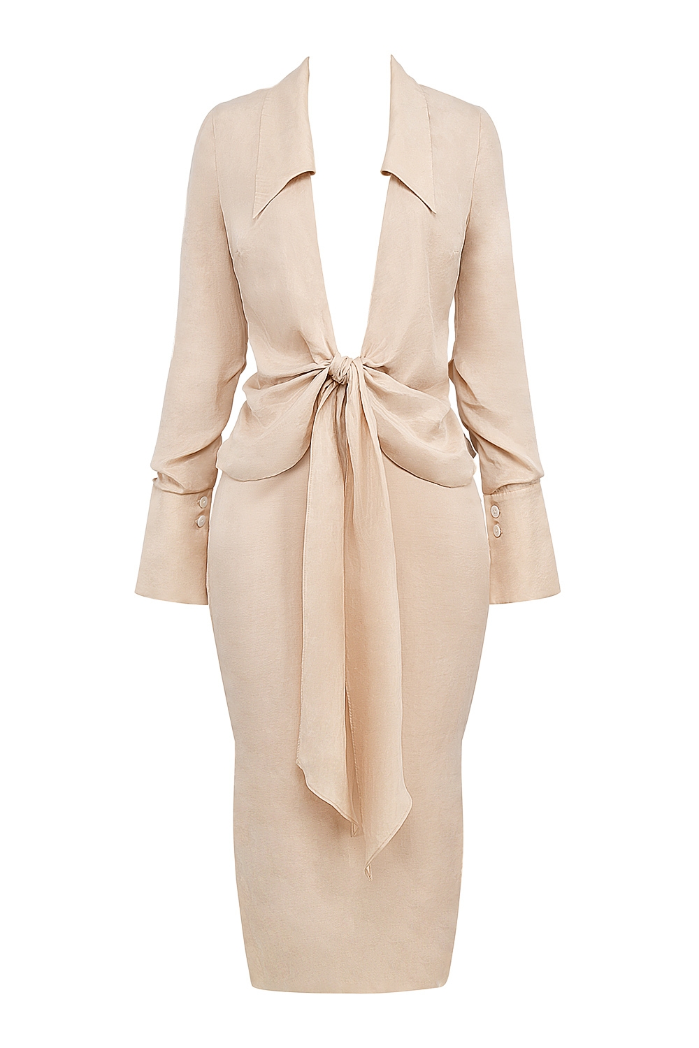 Nevaeh-Almond Plunge Shirt Midi Dress