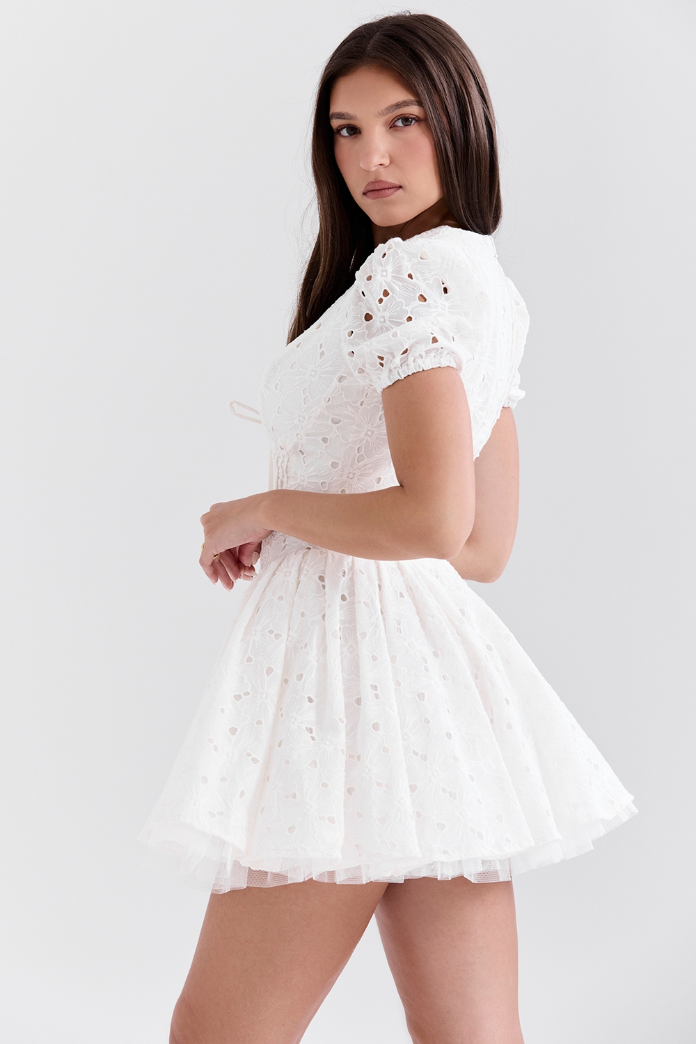 Imani-White Pleated Broderie Anglais Mini Dress