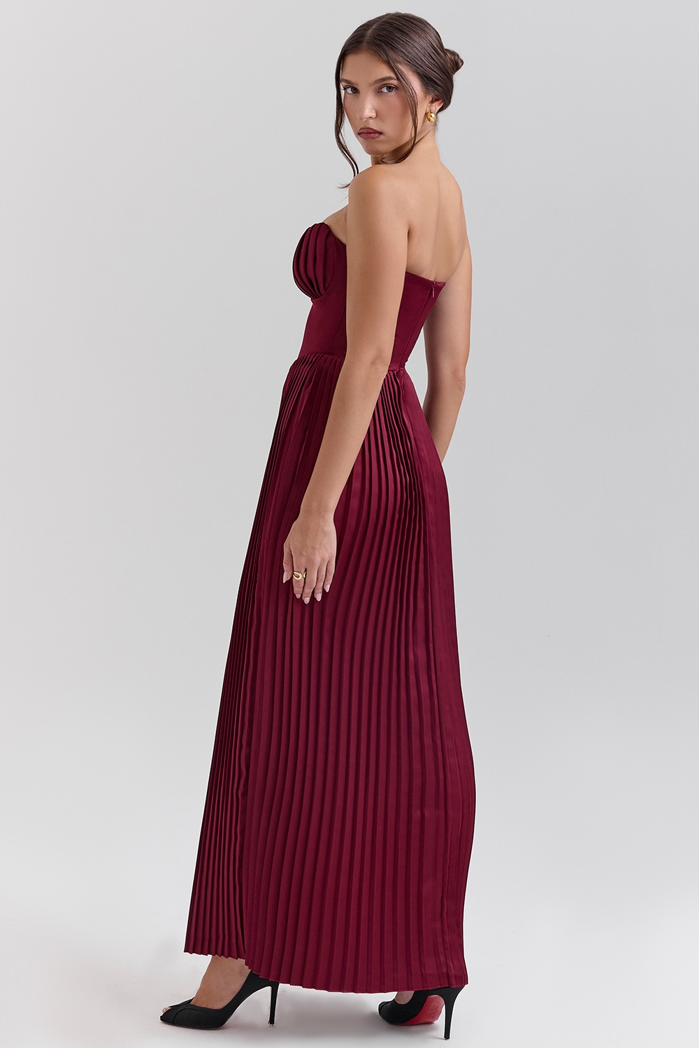 Marcella-Berry Pleated Satin Maxi Dress