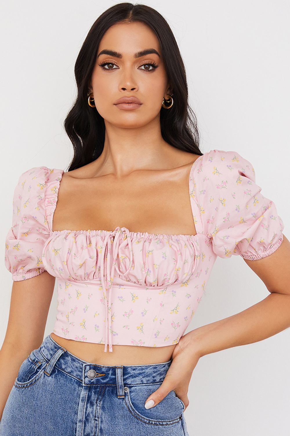 Arianna-Pink Floral Puff Sleeve Corset