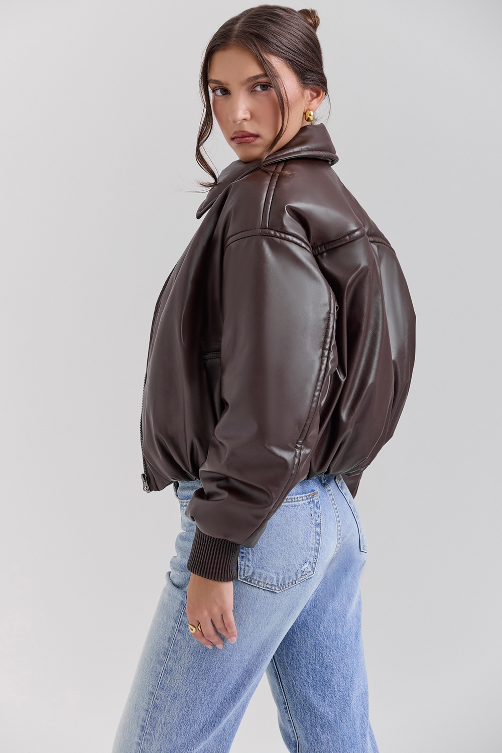 Sante-Dark Brown Vegan Leather Bomber Jacket