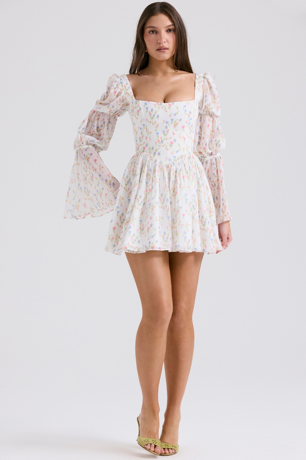 Sancia-White Posy Print Puff Sleeve Mini Dress