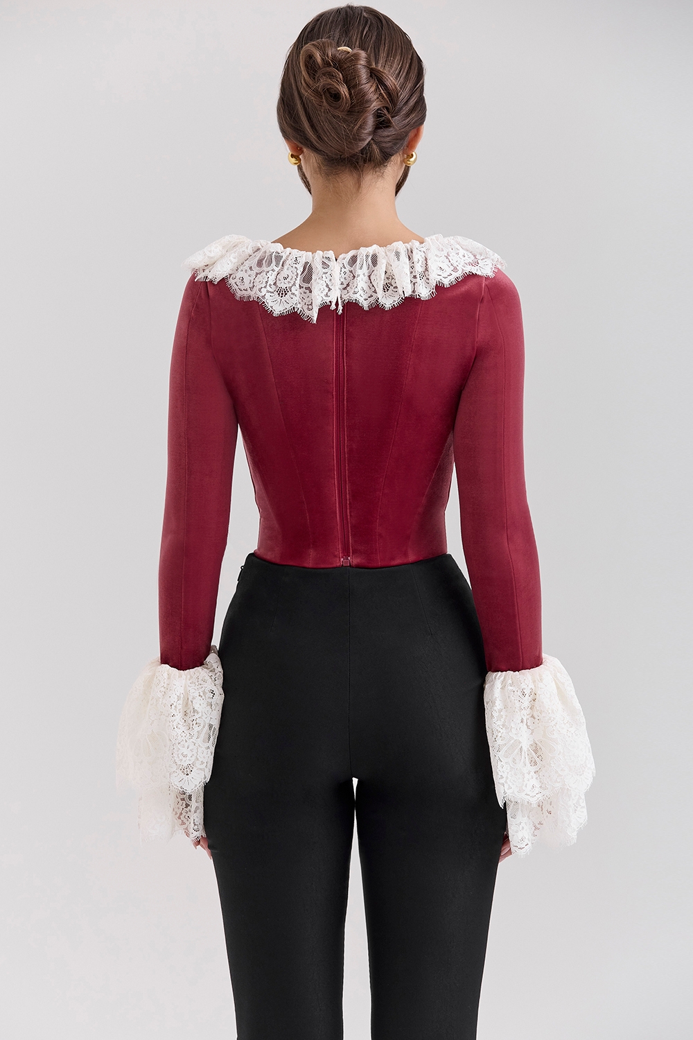 Jacinda-Cabernet Velvet Lace Trimmed Corset Top - SALE