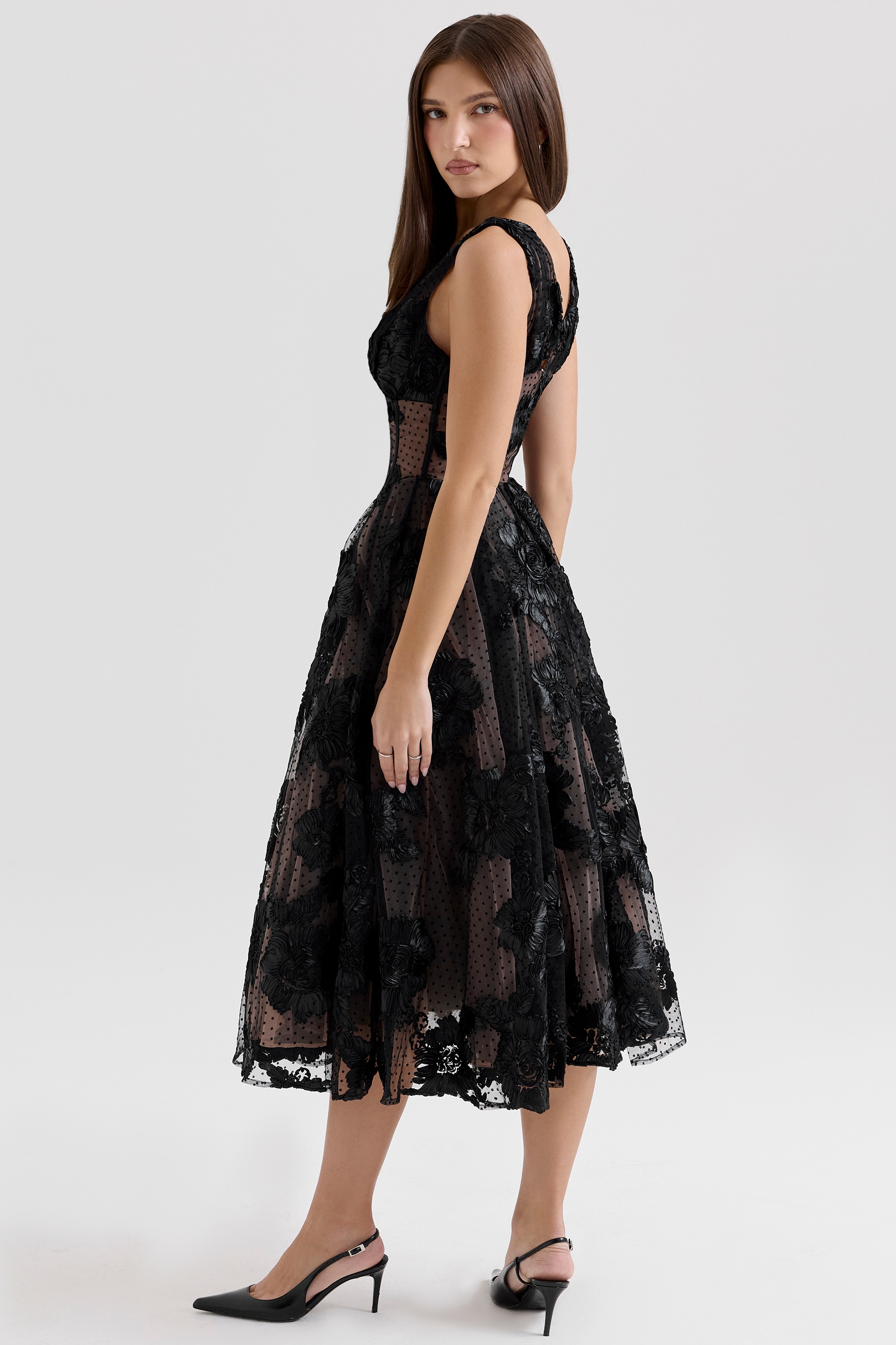 Sianna-Black Embroidered Tulle Corset Midi Dress