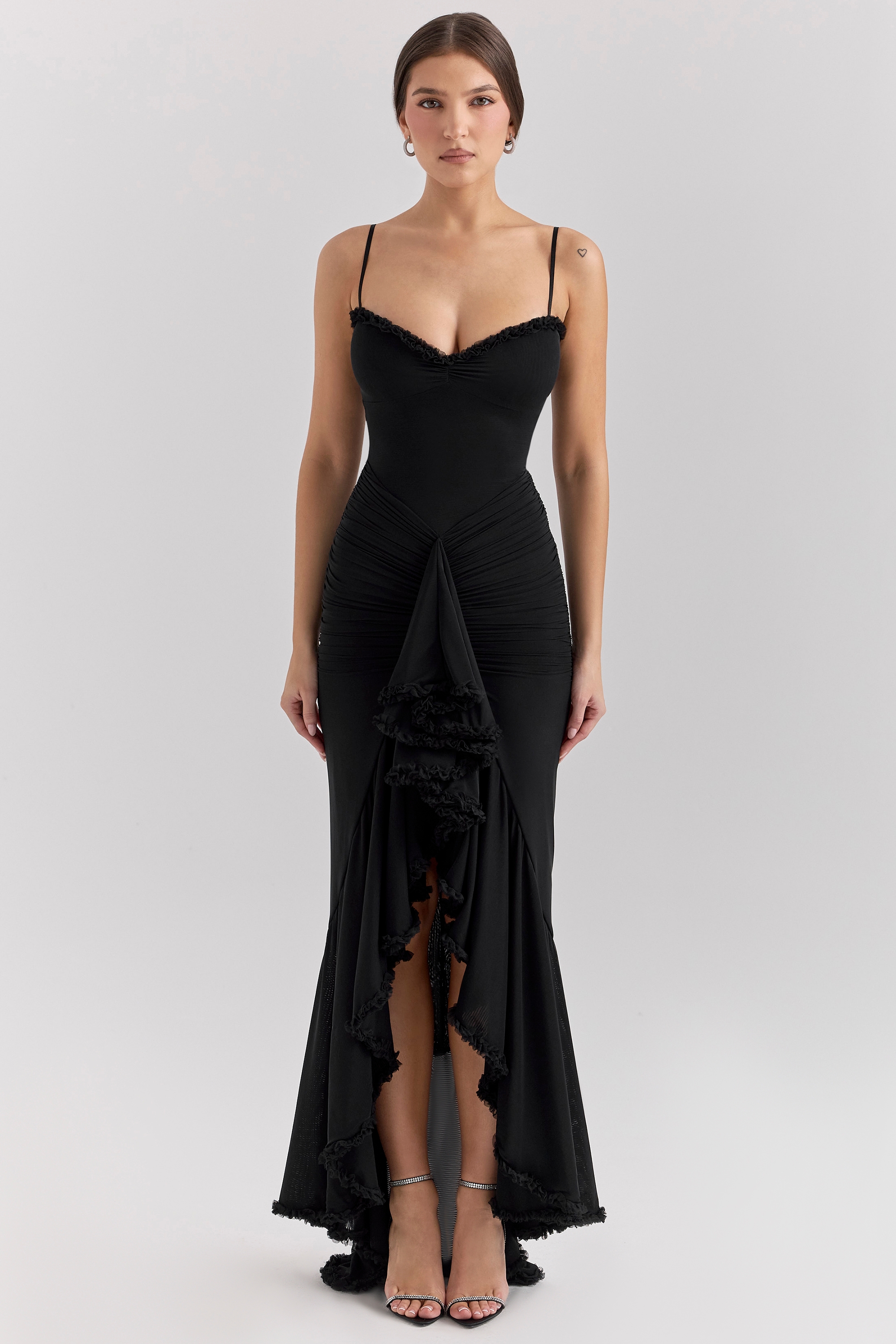 Gabbi-Black Mesh Ruffled Front Gown