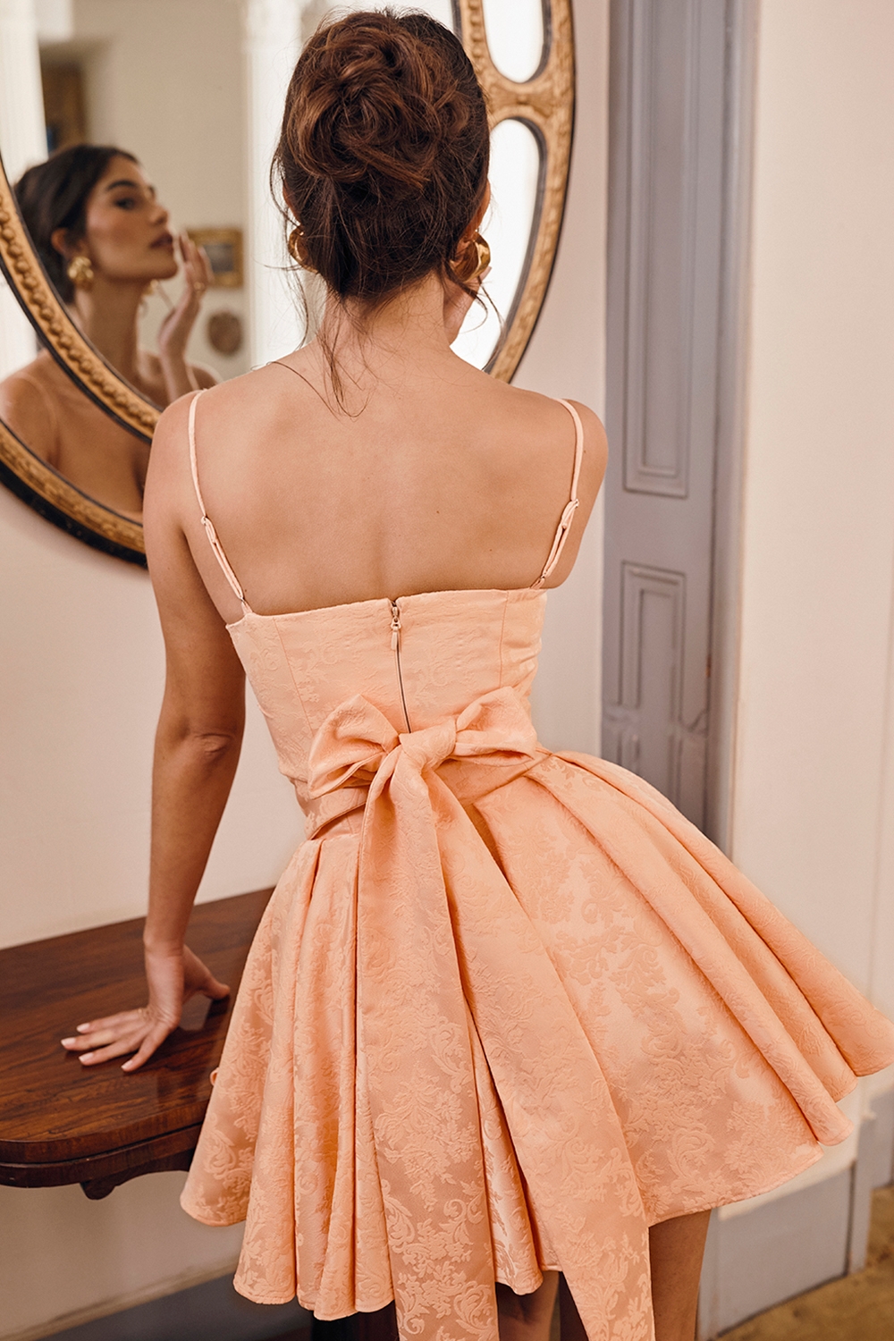 Rosalinda-Peach Jacquard Mini Bow Gown