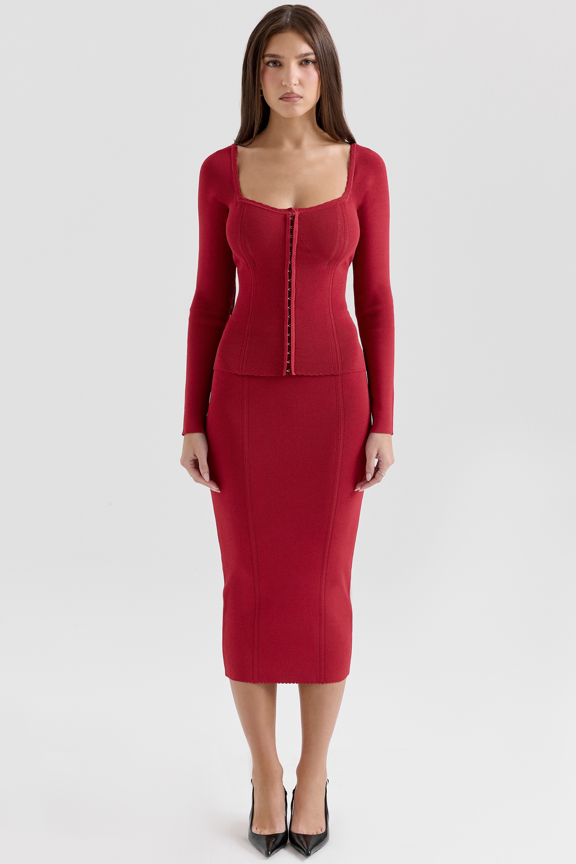 Eliane-Red Bodycon Knitted Midi Skirt
